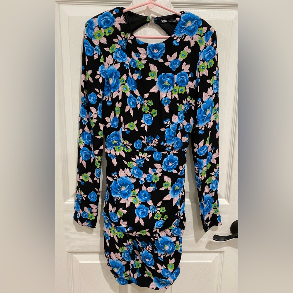 ZARA Floral Long Sleeve Dress Open Back Size Small